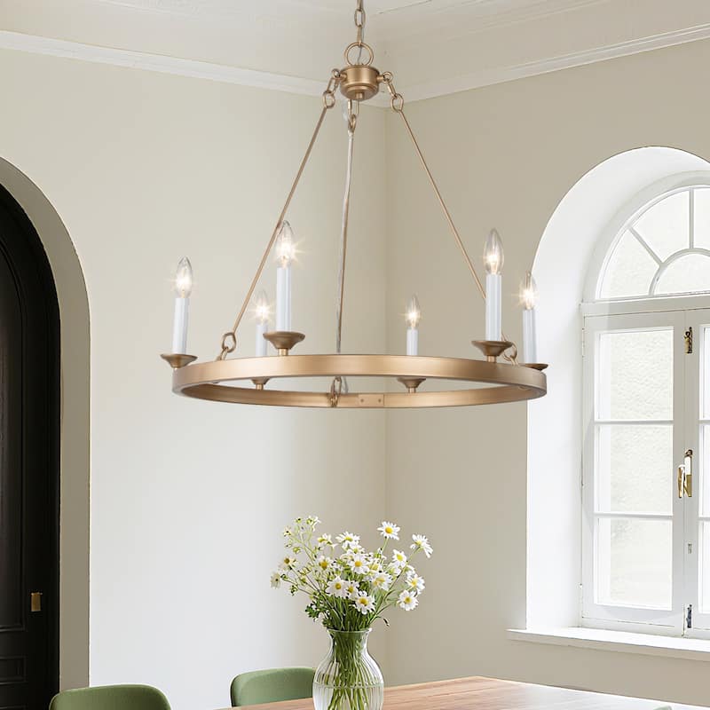 Rustic Farmhouse 6-light Wagon Wheel Chandelier Candle Ceiling Lighting Dining Room Entryway - L26.4" xW26.4 "xH25.6"