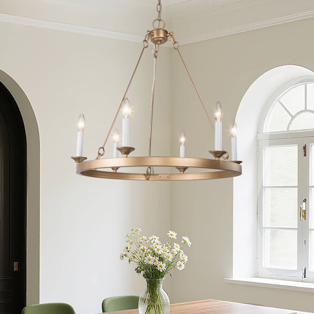 Rustic Farmhouse 6-light Wagon Wheel Chandelier Candle Ceiling Lighting Dining Room Entryway - L26.4" xW26.4 "xH25.6"