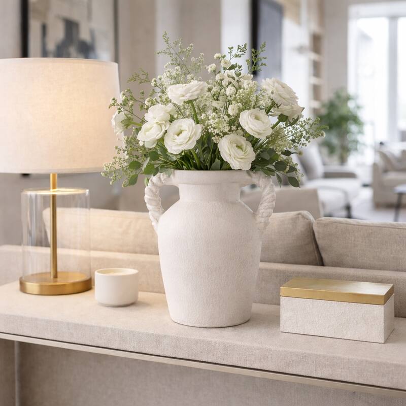 Decorative Textured Amphora Table Vase with Twisted Handles - 11.5" - White