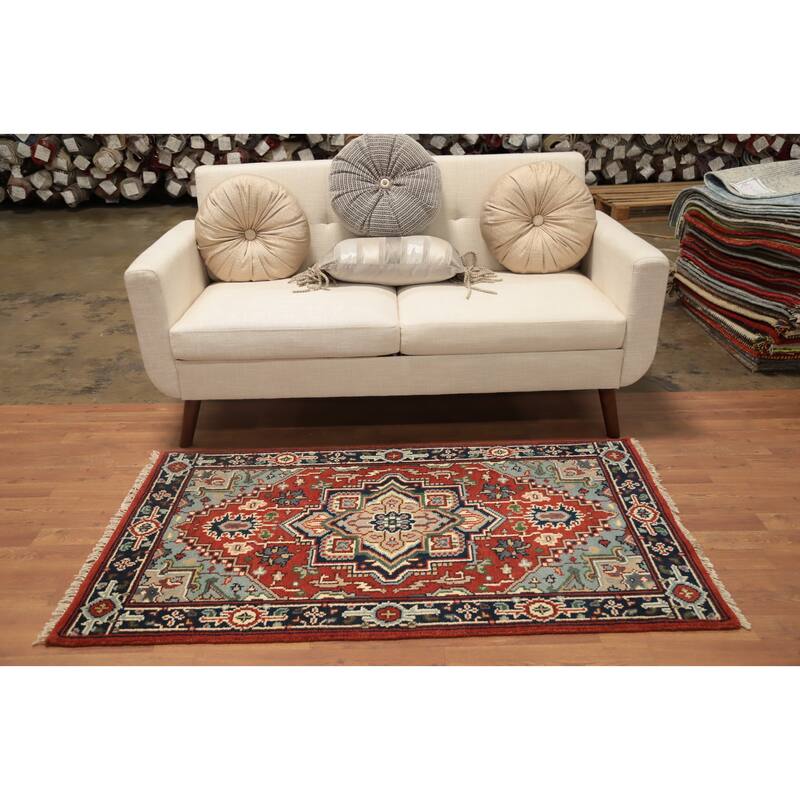 Hand Knotted Oriental 100% Wool Carpet Traditional Medallion Oranges & Rust Heriz (serapi) Area Rug - 5' 1'' X 3' 0''