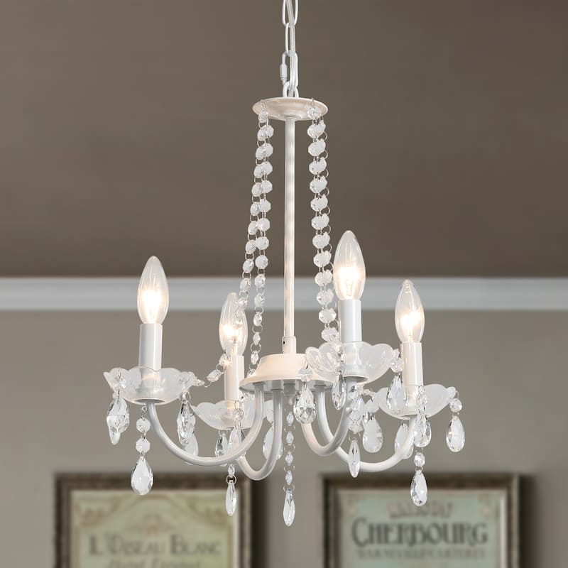4-Light Candle Style Chandelier with Crystal Accents for Living Room Bedroom - White