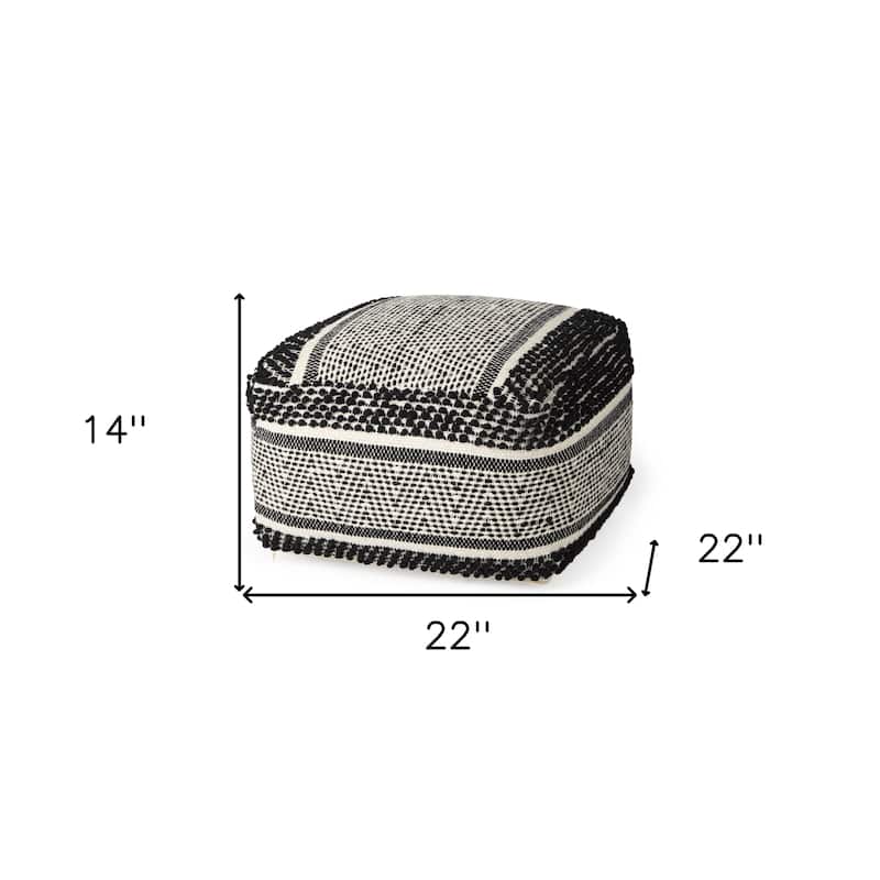 HomeRoots 22" Black and White Cotton And Wool Geometric Pouf Ottoman