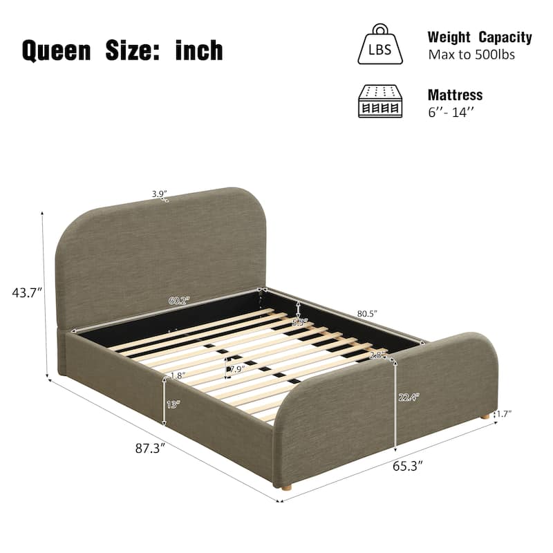 Christopher Knight Home - Thalassa Linen Bed Frame with Curved Headboard and Solid Wood Legs