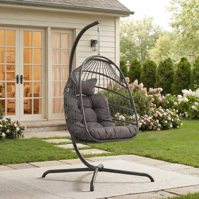 Oversized Wicker Hanging Egg Chair with Stand, Outdoor Indoor Swing Chair with Cushion, 350 lb Capacity - Dark Grey