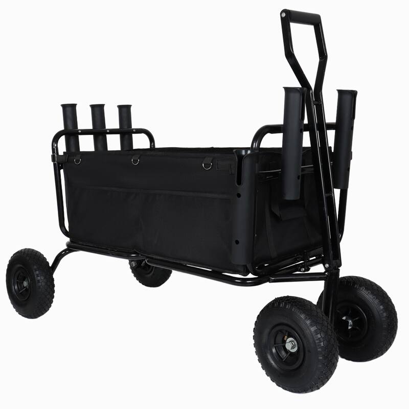 Fishing Cart Beach Cart Collapsible Wagon w/11'' All-Terrain Wheels for Sand, Heavy Duty Garden Cart with Rod Holders