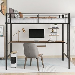 Twin Loft Bed with Desk and Shelves, Metal Frame