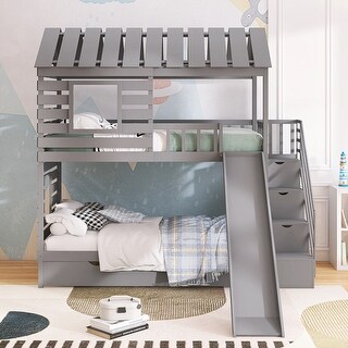 Twin over Twin Wooden House Bunk Bed with Trundle and Slide ,Storage ...