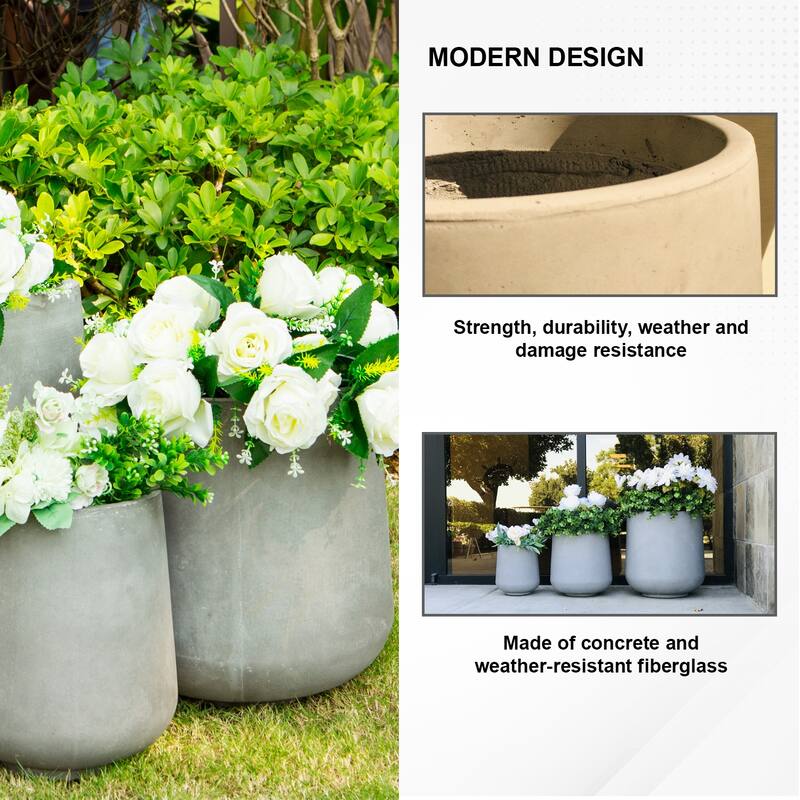 Kante Round Concrete Planter (Set of 3 Sizes), Outdoor/Indoor(Concrete Grey)