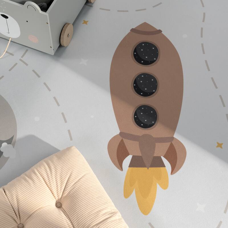 Space Kids Rug Non-Slip Play Mat with Rockets and Planets