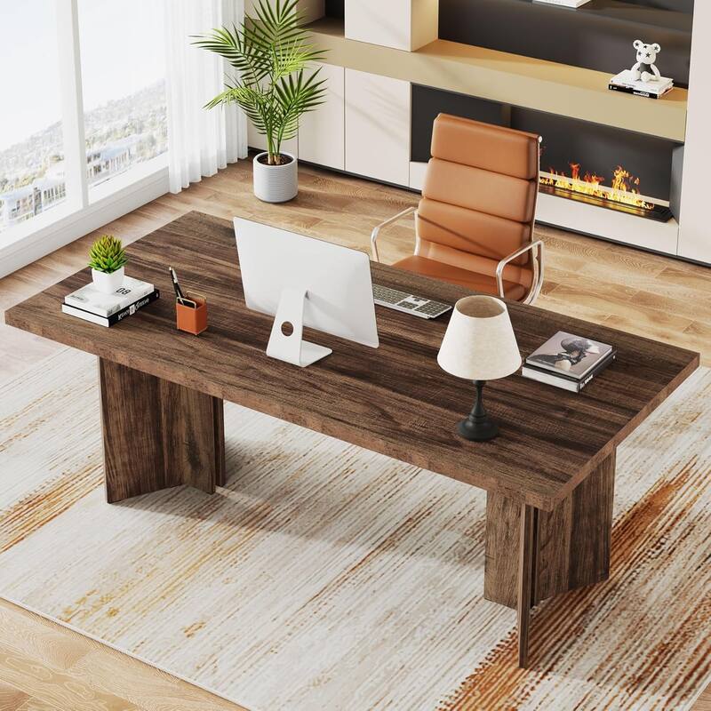 63" Farmhouse Executive Desk - Vintage Wood Computer Workstation with Thickened Tabletop, Large Writing & Conference Table - Dark Walnut