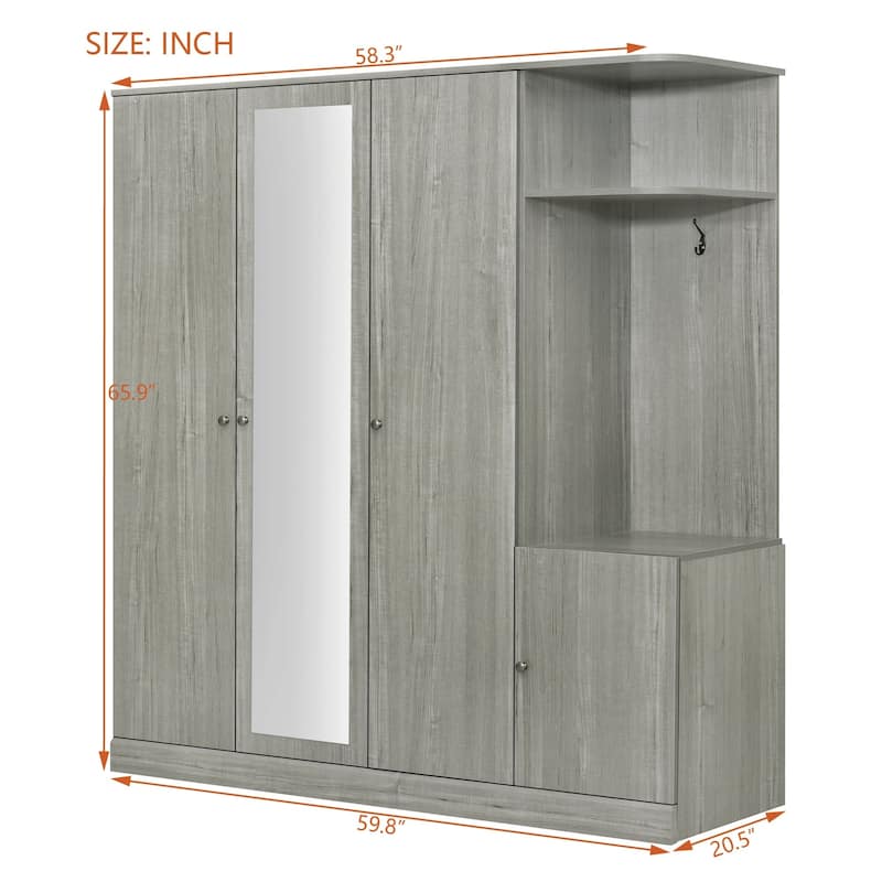 Modern Freestanding Wardrobe Closet With Storage Shelves and Full-Length Mirror