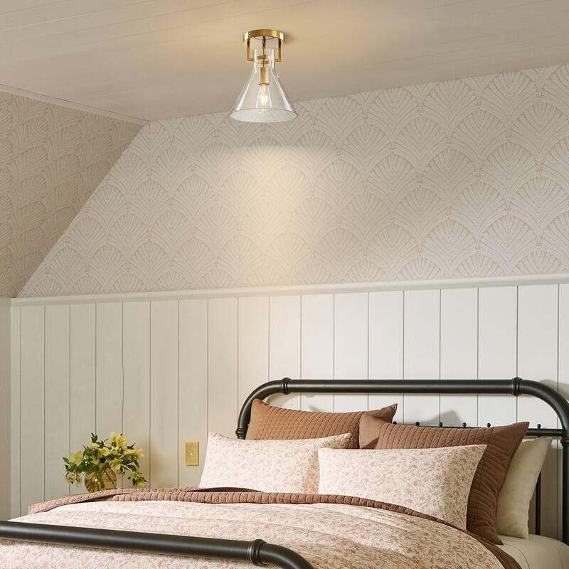 9.8" 1-Light Mid-Century Modern Brushed Brass Semi-Flush Mount Ceiling Light with Clear Cone Glass Shade for Hallway or Bedroom