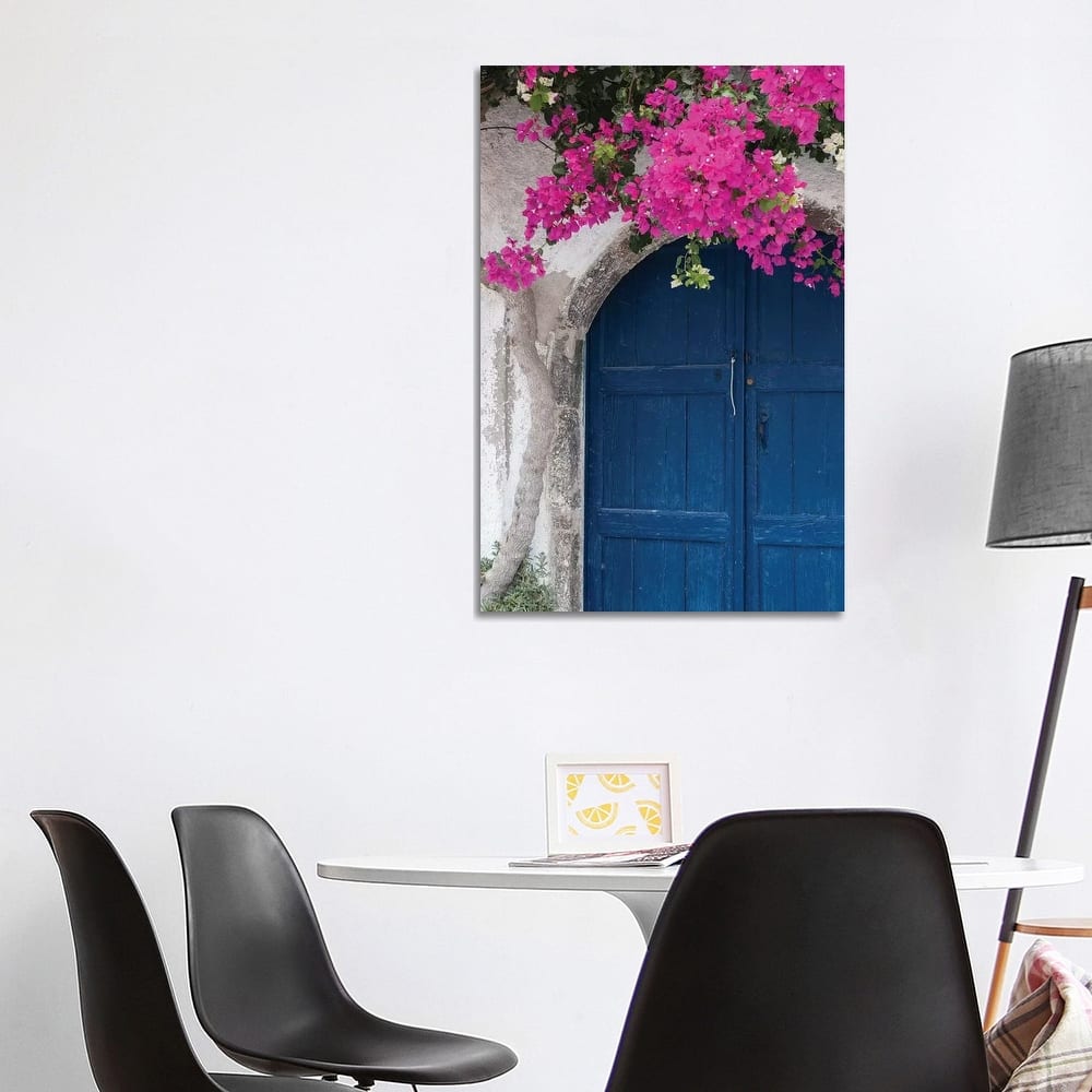 iCanvas "Greece, Santorini. Weathered blue door is framed by bright pink Bougainvillea blossoms." by Brenda Tharp Canvas Print