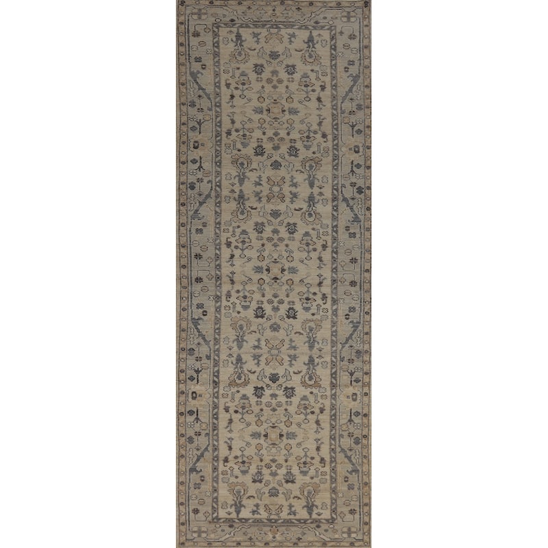 Vegetable Dye Beige Oushak Turkish Runner Rug Hand-Knotted Wool Carpet - 3'2" x 11'10"