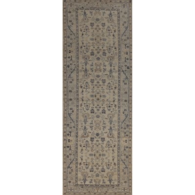 Vegetable Dye Beige Oushak Turkish Runner Rug Hand-Knotted Wool Carpet - 3'2" x 11'10"
