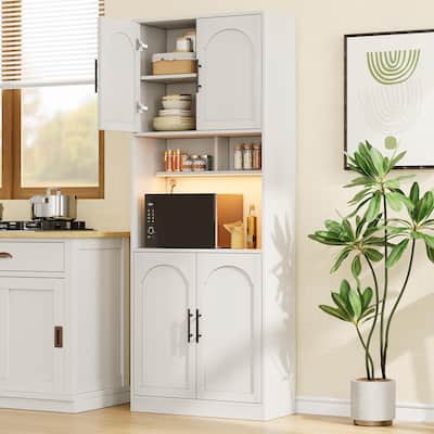 71" Tall Kitchen Pantry Storage Cabinet with Microwave Shelf and LED Light, Hutch Cabinet with Doors and Adjustable Shelves