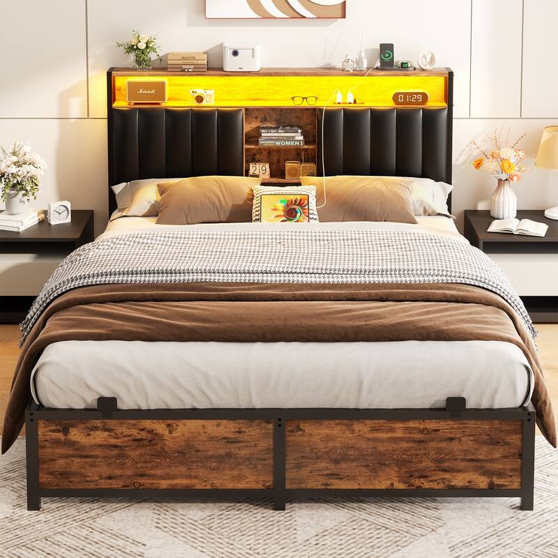 Upholstered Bed Frame with Storage Shelving, Platform Beds with Charge Station and LED Lights