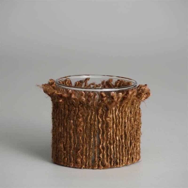 Cylindrical Glass Votive Candle Holder with a Wrap- 3" - Brown