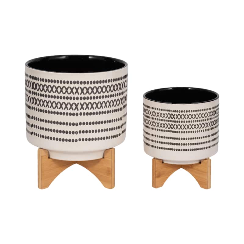 Off-white and Grey Ceramic Planters on Wood Stands (Set of 2) - 10" x 10" x 12"