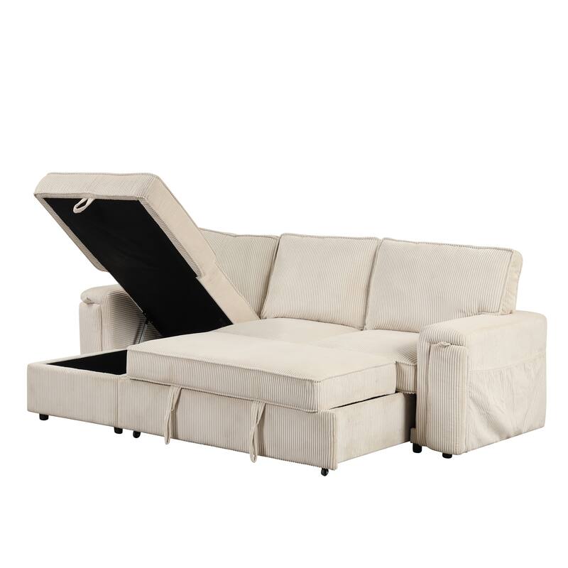 Upholstery Sleeper Sectional Sofa with Storage Bags & 2 Hidden Cup Holders