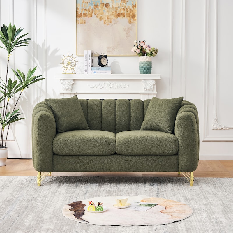 Roomfitters 63" Modern Teddy Fabric Loveseat with Gold Legs, Channel Stitched 2-Seater Sofa for Small Spaces - Green