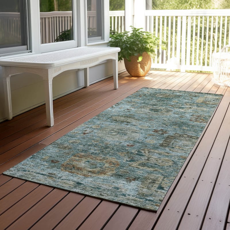 Machine Washable Indoor/ Outdoor Vintage Traditional Chantille Rug - Teal - 2'3" x 7'6"