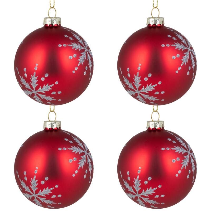 Glittered Snowflakes Matte Finish Glass Ball Christmas Ornaments - 3" (75mm) - Red - 4ct