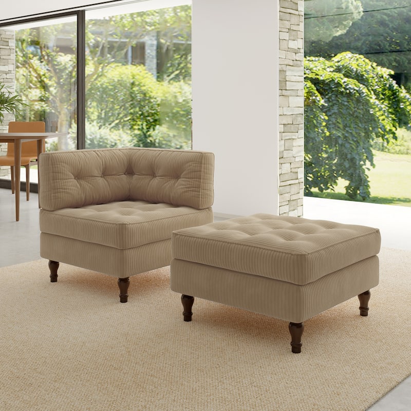 Corduroy Tufted Accent Chair Armchair and Ottoman Set