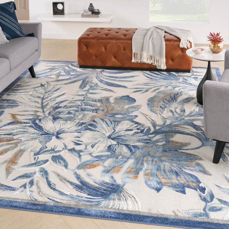 Nourison Pompeii Tropical Contemporary Bordered Area Rug - 7' 10" x 9' 10" - Ivory/Grey - Rectangle
