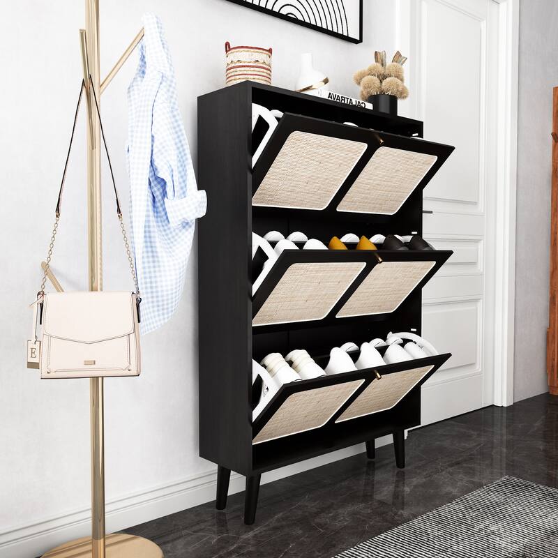 24 Pairs Wooden Rattan 3-Tier Flip-Up Shoe Storage Cabinet