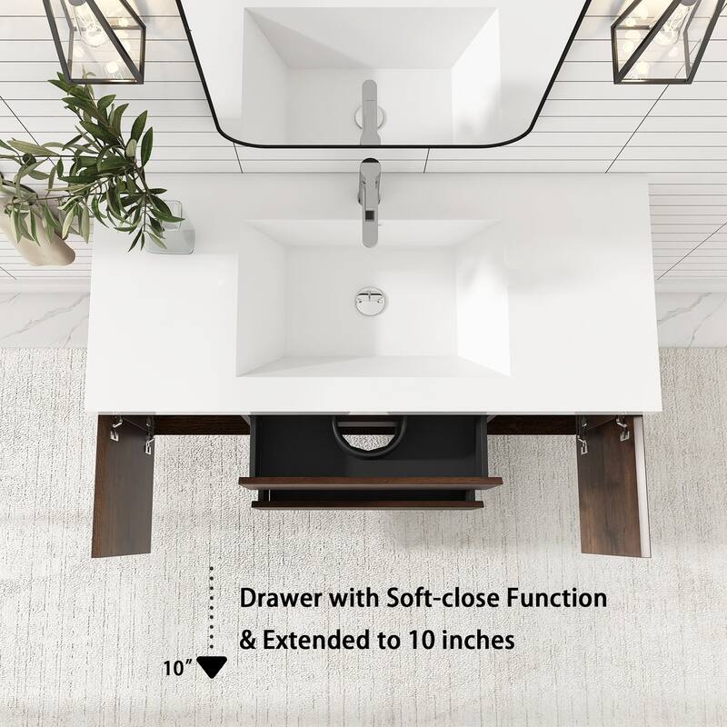MDF Wall-Mounted Bathroom Vanity Set in Rose Wood with Integrated Culture Marble Sink