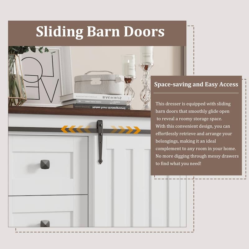 Farmhouse 5 Drawer Dresser for Bedroom, Wood Chest with Sliding Barn Door, Adjustable Shelf