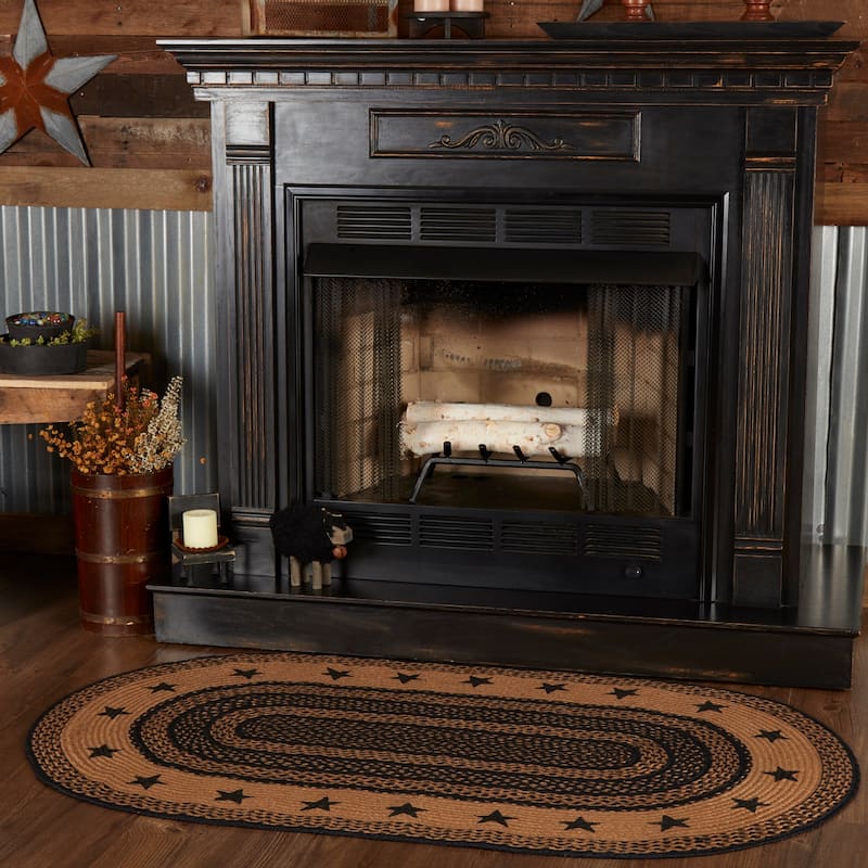 Farmhouse Jute Rug Oval Stencil Stars Border w/ Pad 36x60 - 3' x 5' Oval - 3' x 5' Oval - Black