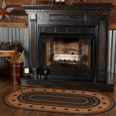 Farmhouse Jute Rug Oval Stencil Stars Border w/ Pad 36x60 - 3' x 5' Oval