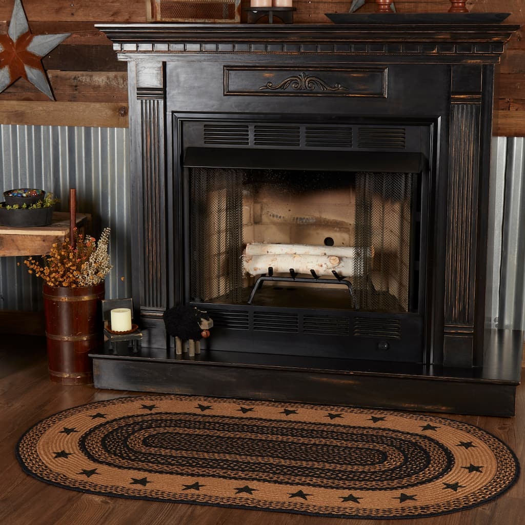 Farmhouse Jute Rug Oval Stencil Stars Border w/ Pad 36x60 - 3' x 5' Oval