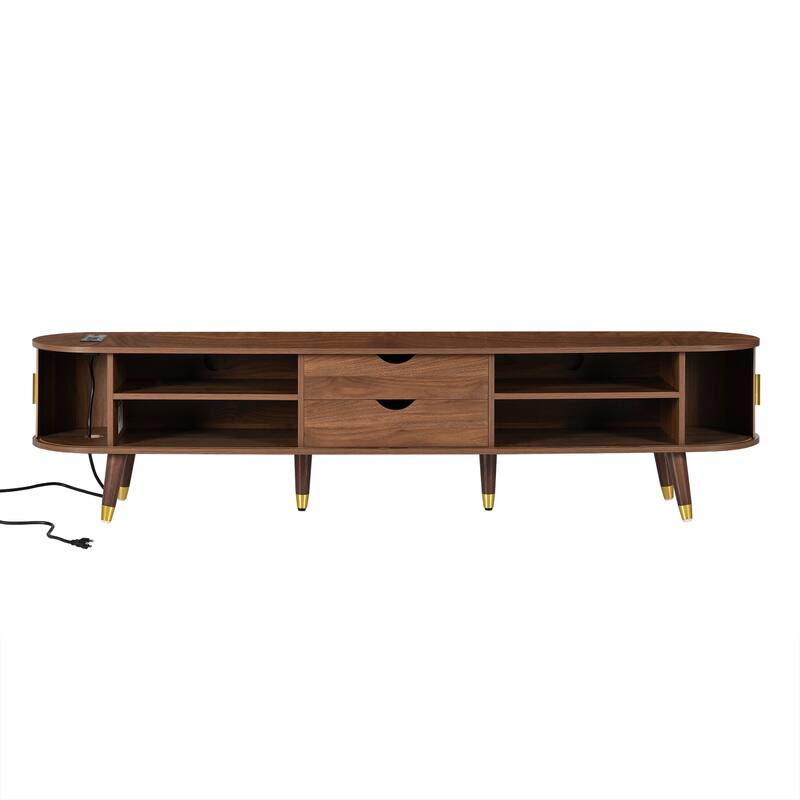 Roomfitters Mid-Century TV Stand, Wooden Oval Media Console with Fluted Sliding Doors and Charging Station