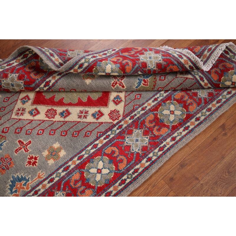 Gray Geometric Kazak Foyer Rug Hand-Knotted Hallway Wool Carpet - 3'3" x 4'4"