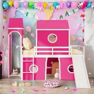 Playhouse Twin Size Loft Bed with Slide Pink Tent and Tower for Kids