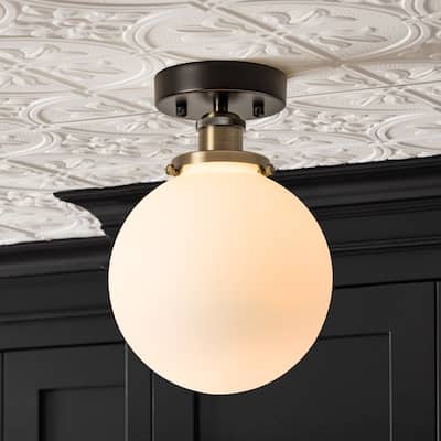 1-Light Vintage Modern Antique Brass and Black Glass Globe Bubble Semi-Flush Mount Light - 7.8 in. W x 11.2 in. H
