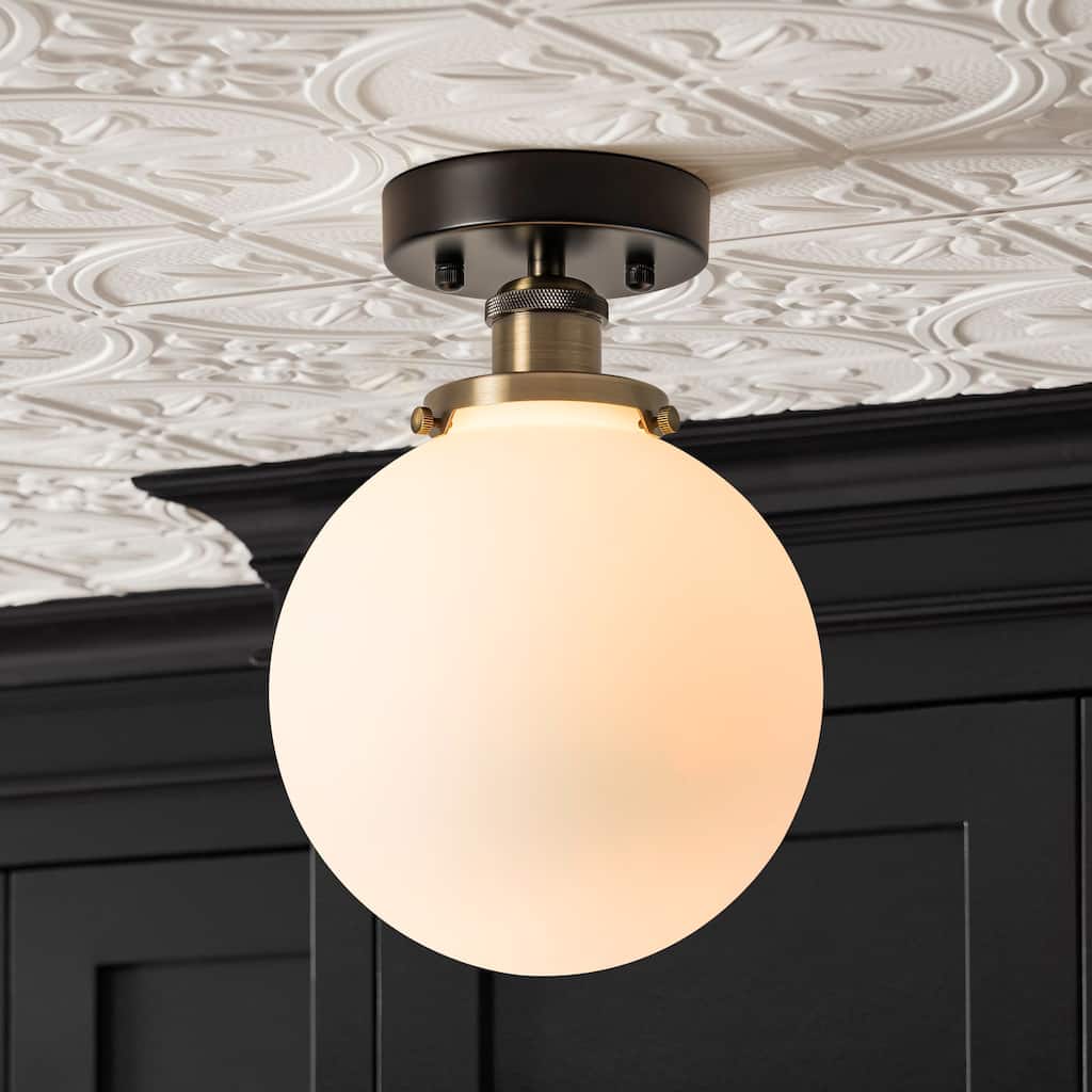 1-Light Vintage Modern Antique Brass and Black Glass Globe Bubble Semi-Flush Mount Light - 7.8 in. W x 11.2 in. H