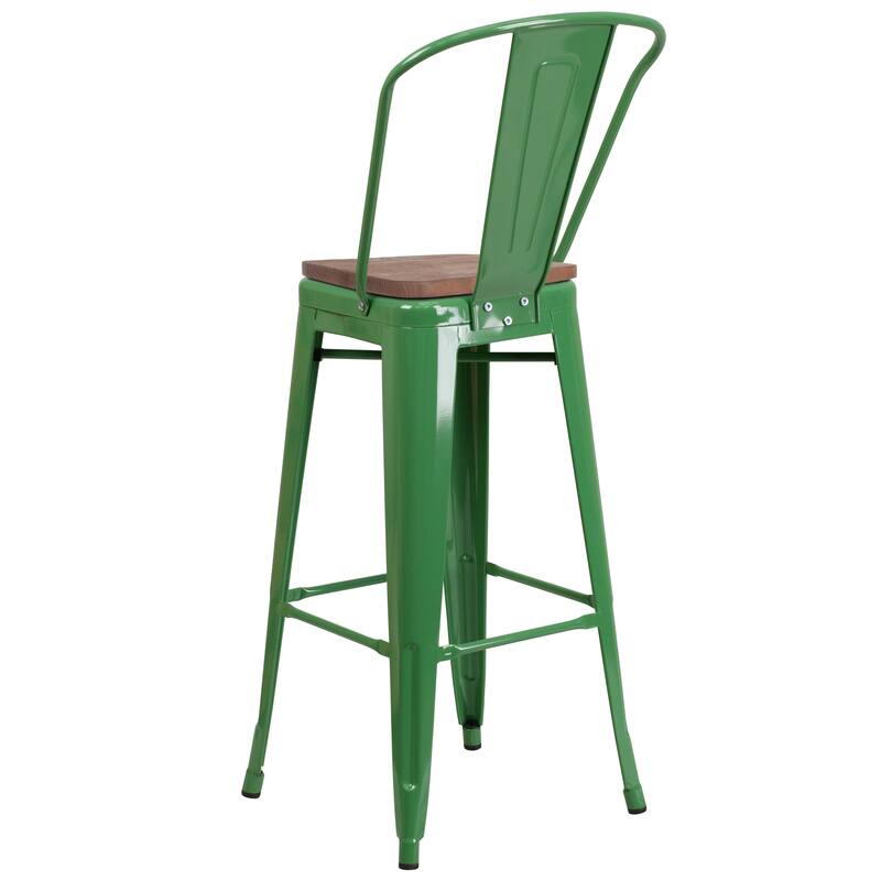 30" High Metal Barstool with Back and Wood Seat - 17.75"W x 20"D x 45.25"H