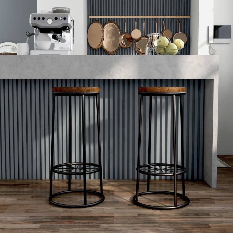 Lodz Rustic Metal Round Barstools (Set of 2) by Furniture of America - Toasted Barnwood