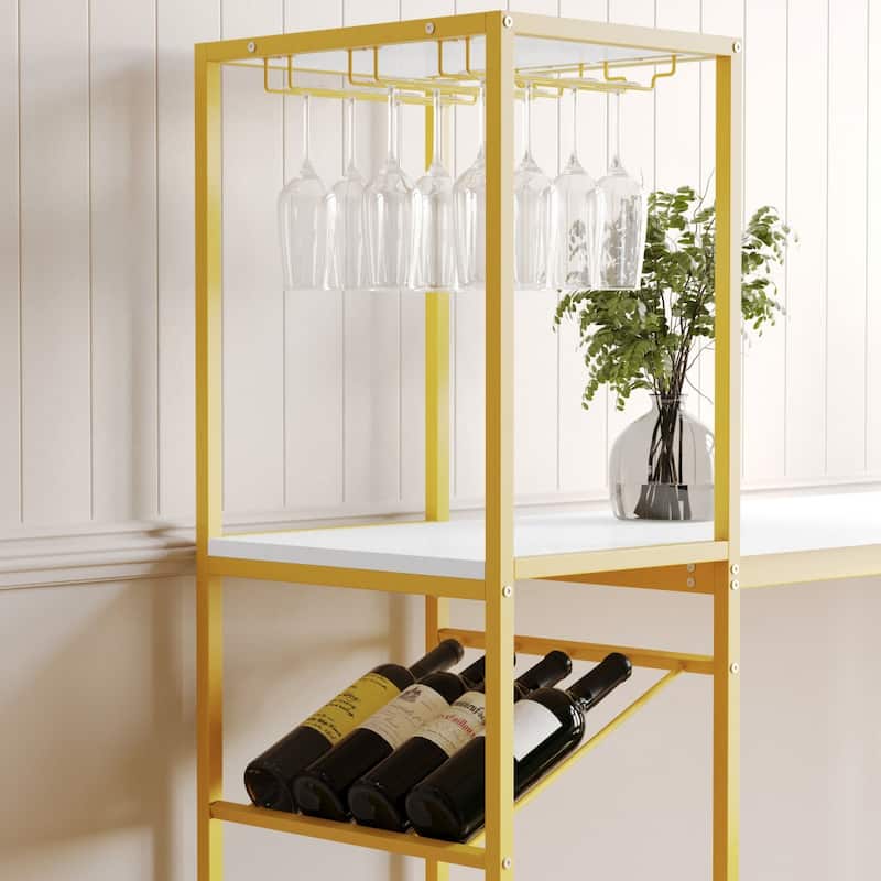 Modern Freestanding Metal Bar Table with Bottle and Stemware Storage