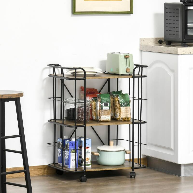 HOMCOM 25" Rolling Kitchen Cart, Kitchen Storage Trolley with 3 Shelves for Dining Room, Laundry Room, and Bathroom, Natural - Kitchen Cart - Wood - Natural