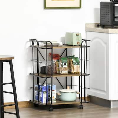 HOMCOM 25" Rolling Kitchen Cart, Kitchen Storage Trolley with 3 Shelves for Dining Room, Laundry Room, and Bathroom, Natural