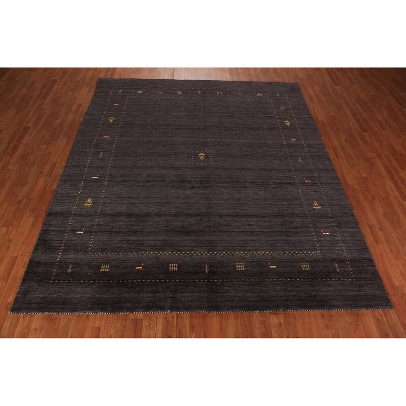 Tribal Gabbeh Area Rug Hand-Knotted Oriental Brown Wool Carpet - 8'1" x 9'10"