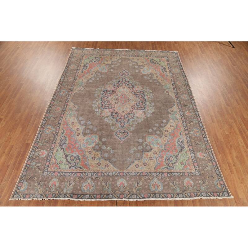 Brown Tabriz Persian Vintage Area Rug Handmade Traditional Wool Carpet - 9'4"x 12'9"