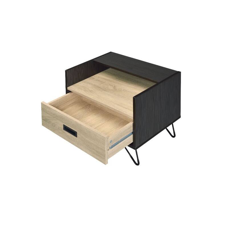 Wood Nightstand with a Drawer in Oak and Black Finish