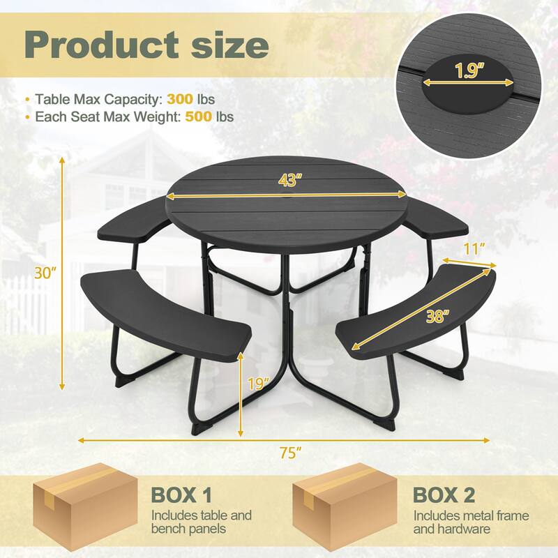 Costway Outdoor 8-person Round Picnic Table Bench Set with 4 Benches & - See Details
