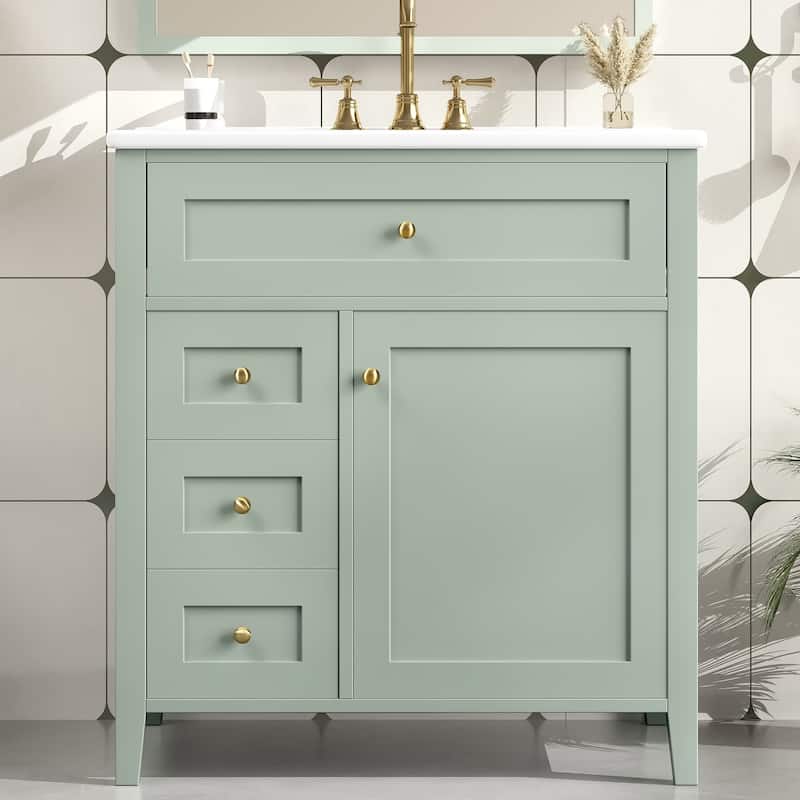 30-Inch Bathroom Vanity with Sink, Modern MDF and Rubberwood Cabinet with 3 Drawers and Adjustable Shelf, Freestanding